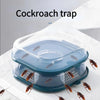 A clear plastic reusable cockroach trap with multiple compartments catching insects on a white surface.