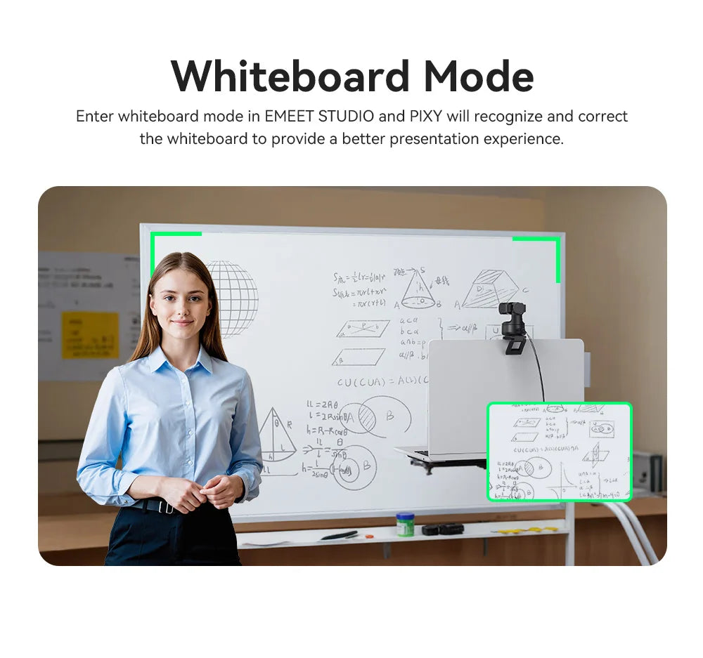 A woman stands in front of a whiteboard with a green box highlighting content, demonstrating the Whiteboard Mode feature.