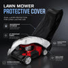 A black protective cover for a lawn mower, showing dual-layer protection features like waterproof exterior and UV-resistant f