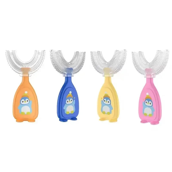 A set of U-shaped silicone toothbrushes for kids in orange, blue, and pink.