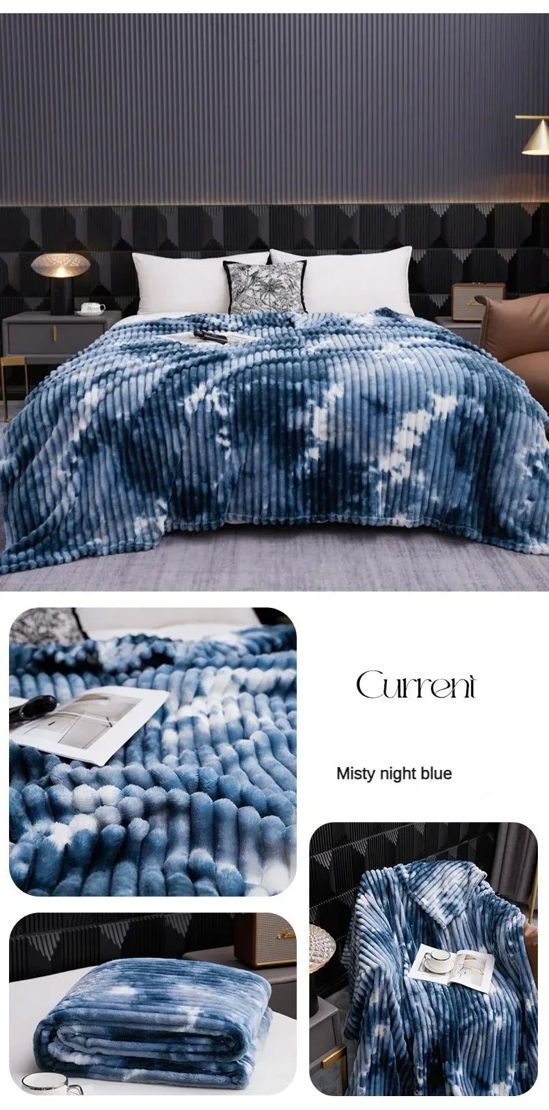 A blue tie-dye flannel fleece throw blanket draped over a bed, featuring a mottled pattern.