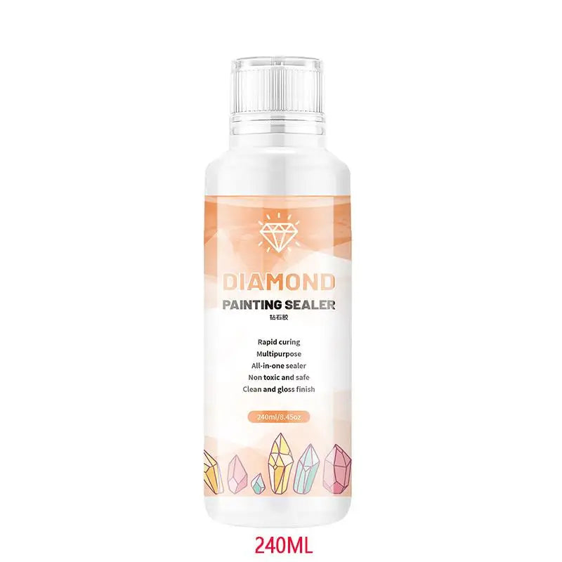 A clear bottle of Diamond Painting Sealer with a dropper top and a label featuring a diamond graphic.