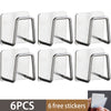 Six stainless steel sponge holders with attached stickers for kitchen sink