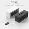 Packing list for an aroma diffuser including a diffuser unit, USB cable, remote control, and instruction manual.
