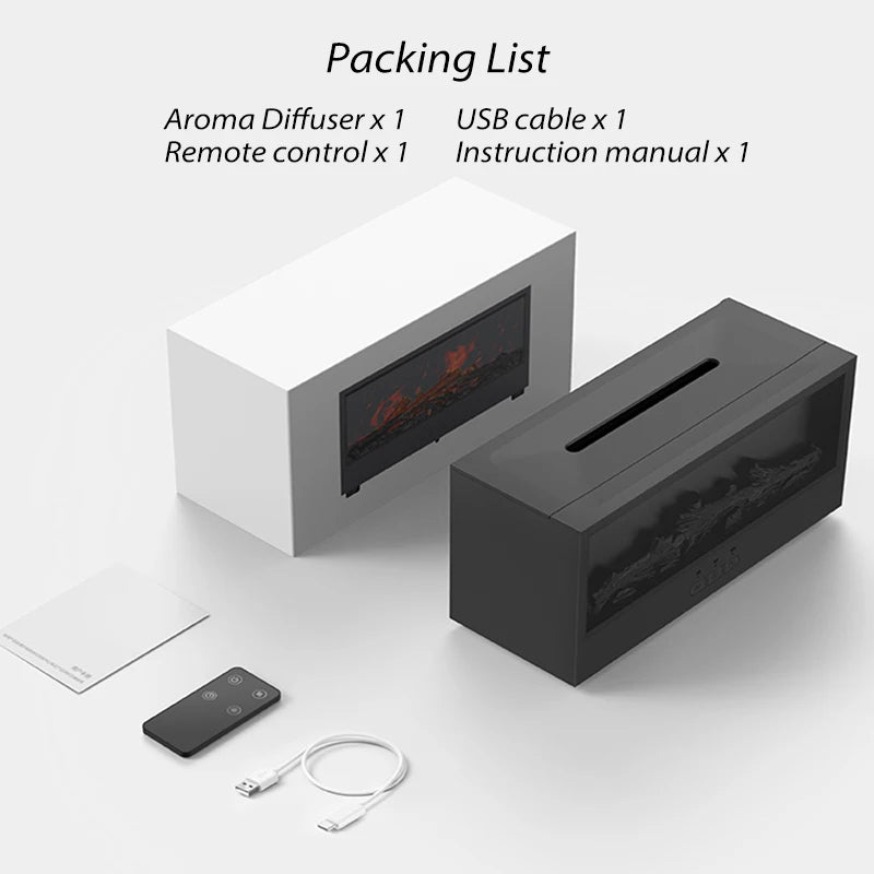 Packing list for an aroma diffuser including a diffuser unit, USB cable, remote control, and instruction manual.