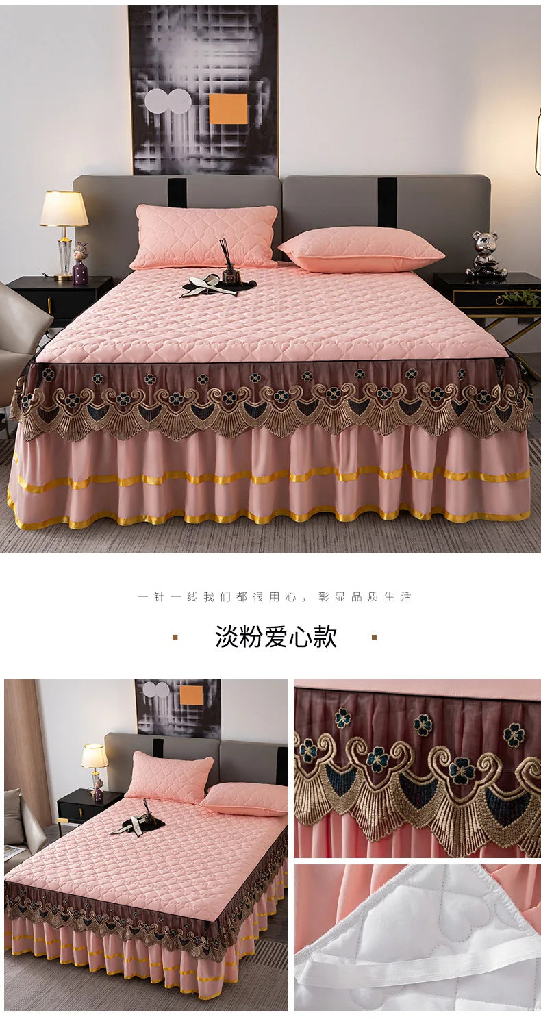 Gold Embroidered Lace Bed Skirt with Heart Pattern
