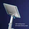 A silver aluminum tablet stand with a half-angle damping feature, showing a 360 degree rotating base and adjustable viewing a