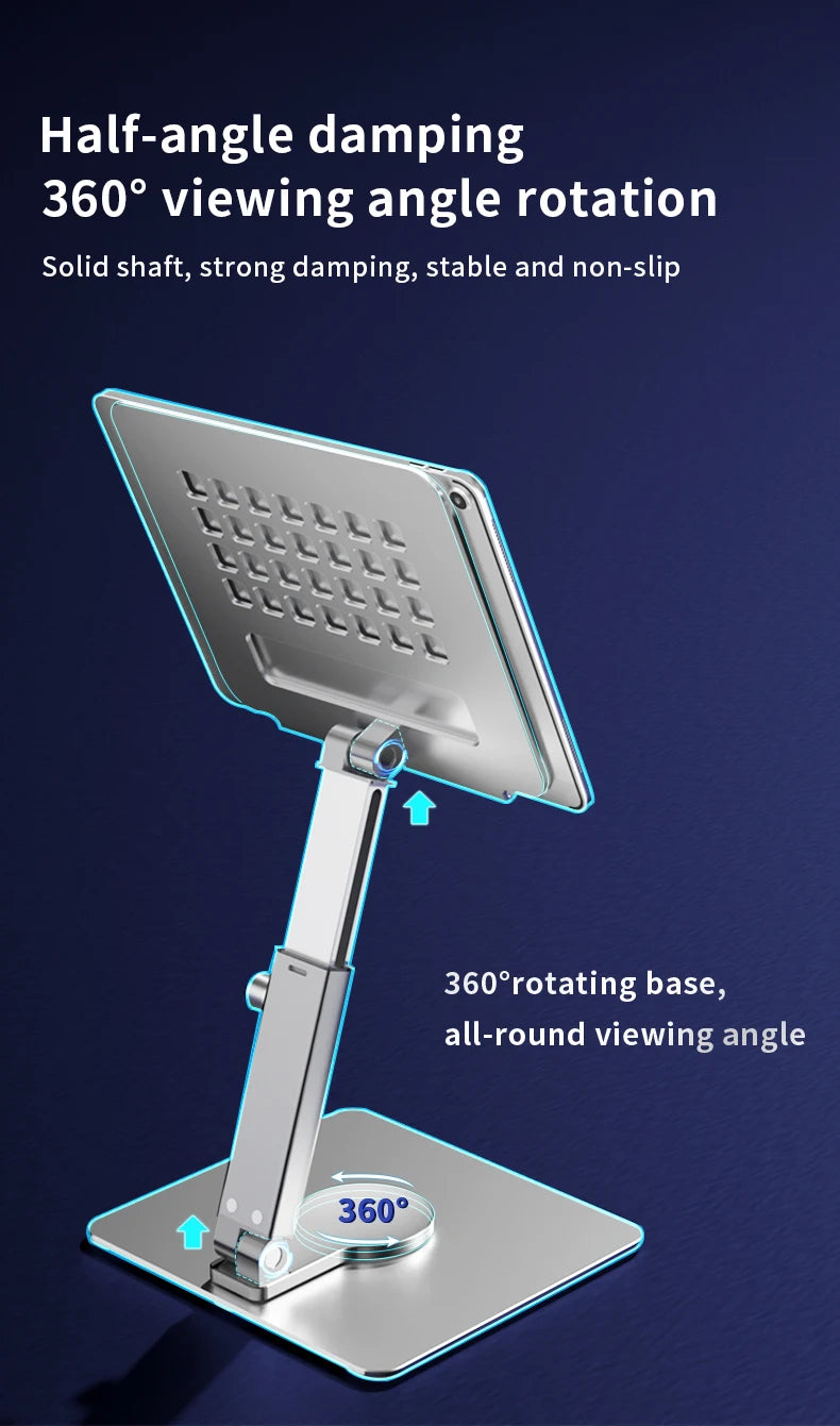 A silver aluminum tablet stand with a half-angle damping feature, showing a 360 degree rotating base and adjustable viewing a
