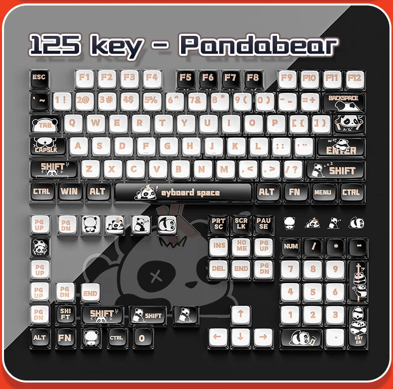 A close-up view of a keyboard featuring 125 keypads with a panda bear theme.