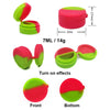 A flexible silicone travel jar in pink and lime green, shown from various angles including front and bottom views.