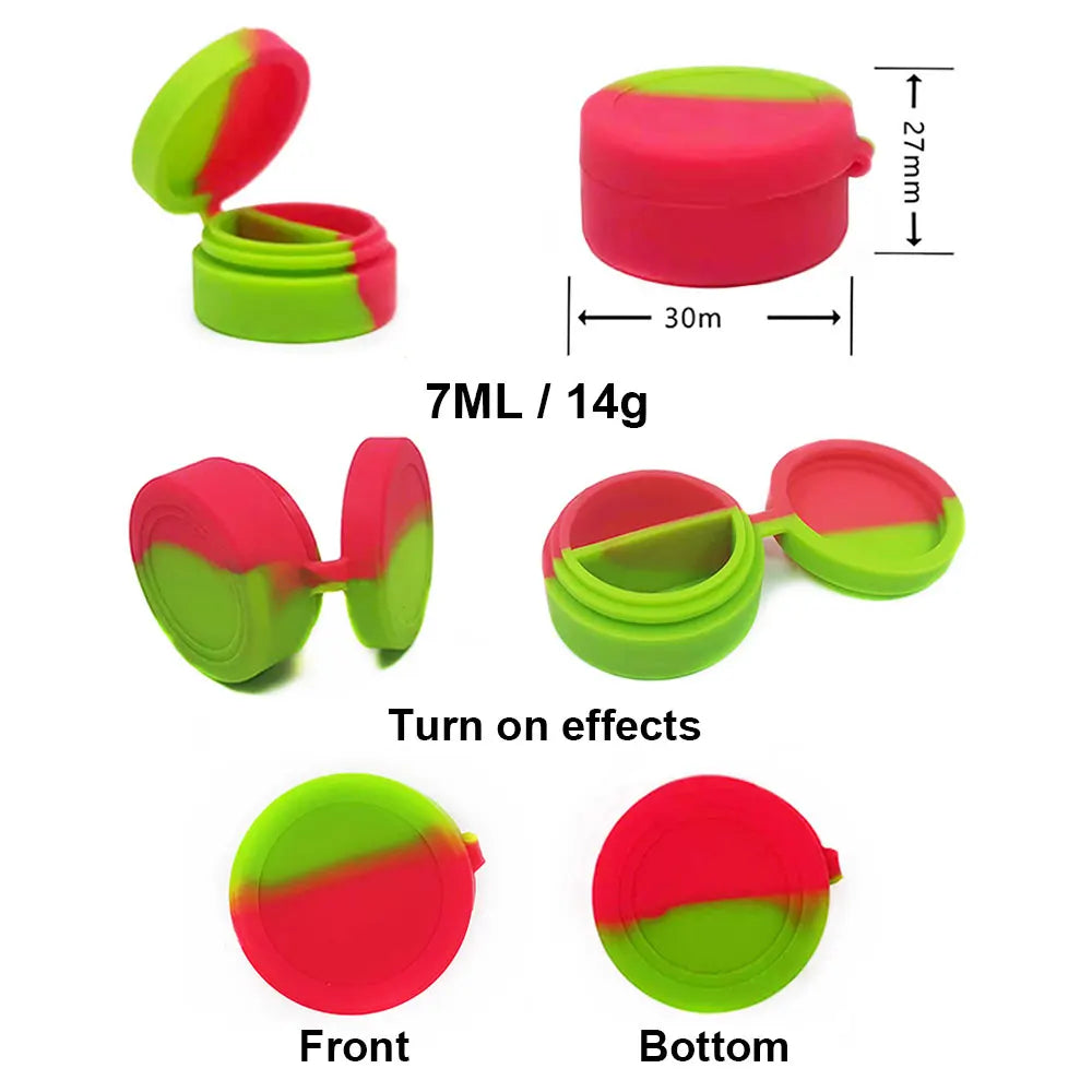 A flexible silicone travel jar in pink and lime green, shown from various angles including front and bottom views.