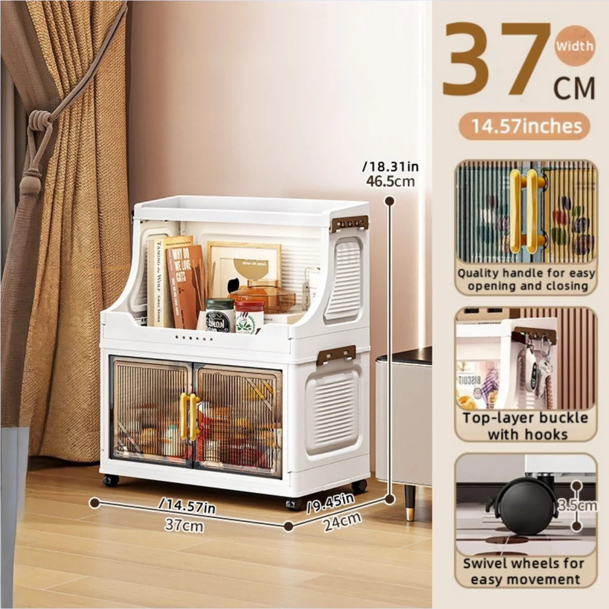 White foldable double-door storage cabinet with glass doors and swivel wheels for easy movement