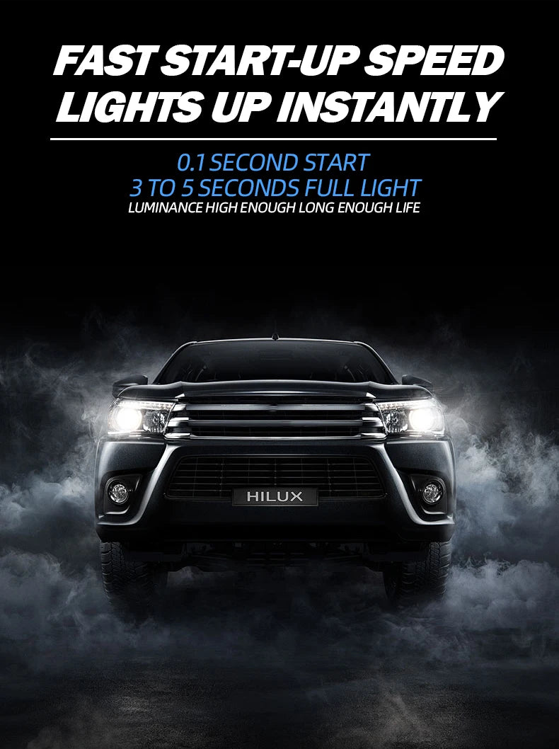 A black Toyota Hilux truck with bright white headlights illuminating a dark, smoky environment.