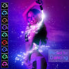 A woman is holding an LED fiber optic dance whip with glowing purple and blue light against a dark, starry background.