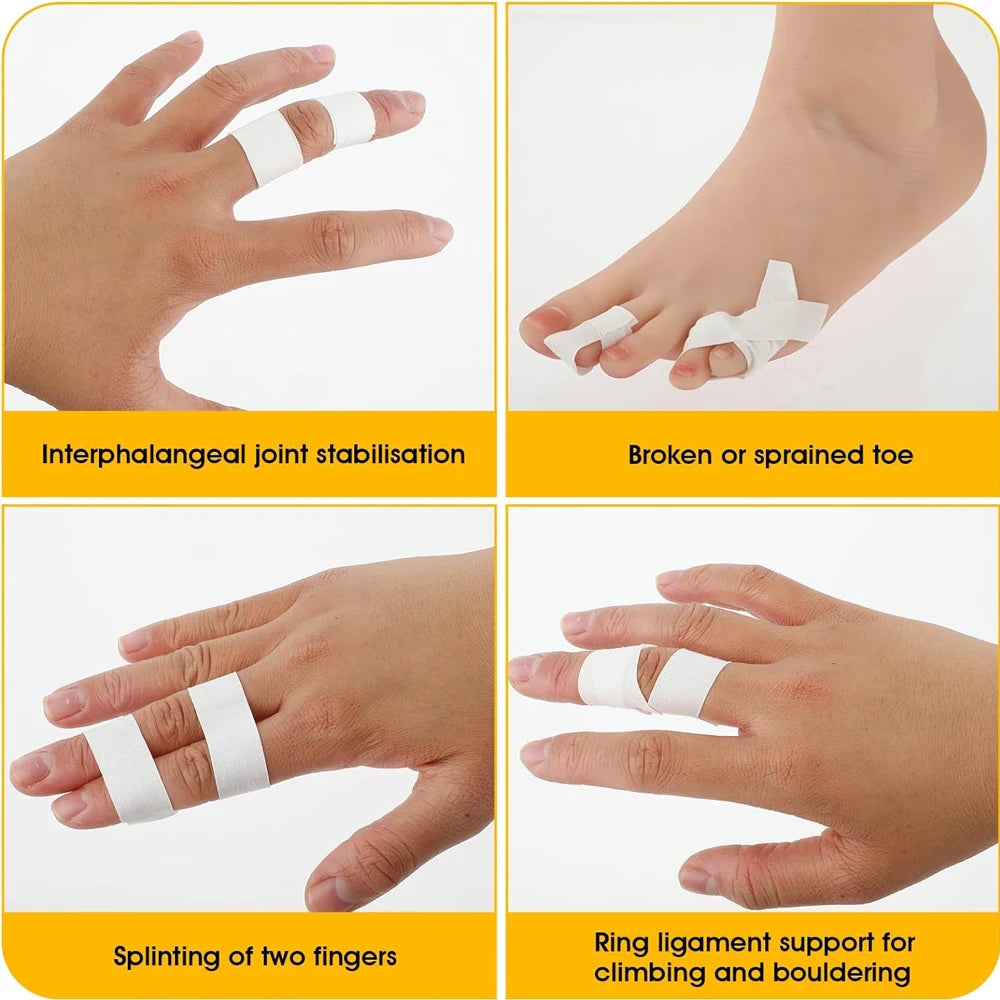 Various applications of cotton athletic finger tape including joint stabilization, toe support, splinting fingers, and ligame