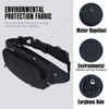 Black water-repellent nylon fanny pack with an adjustable strap and an earphone hole.