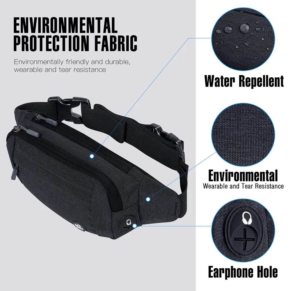 Black water-repellent nylon fanny pack with an adjustable strap and an earphone hole.