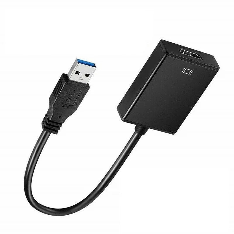 Black USB 3.0 to HDMI adapter cable with a connector for external display.