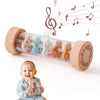 A wooden sensory toy featuring colorful beads and different shaped wooden components for babies.