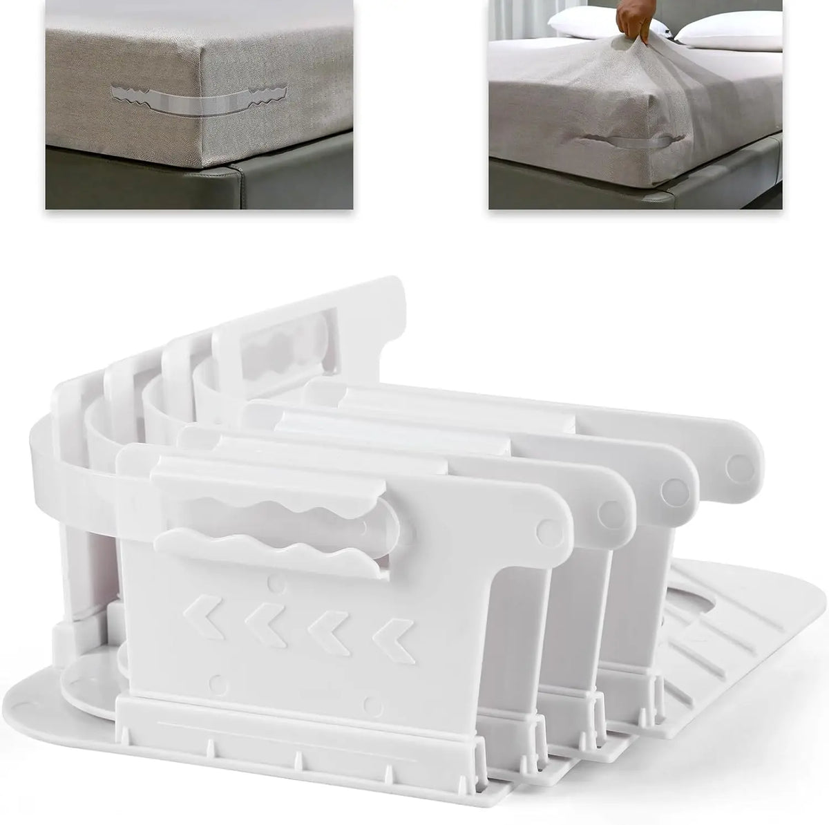 A set of four white adjustable bed sheet corner holders designed to keep sheets tidy.