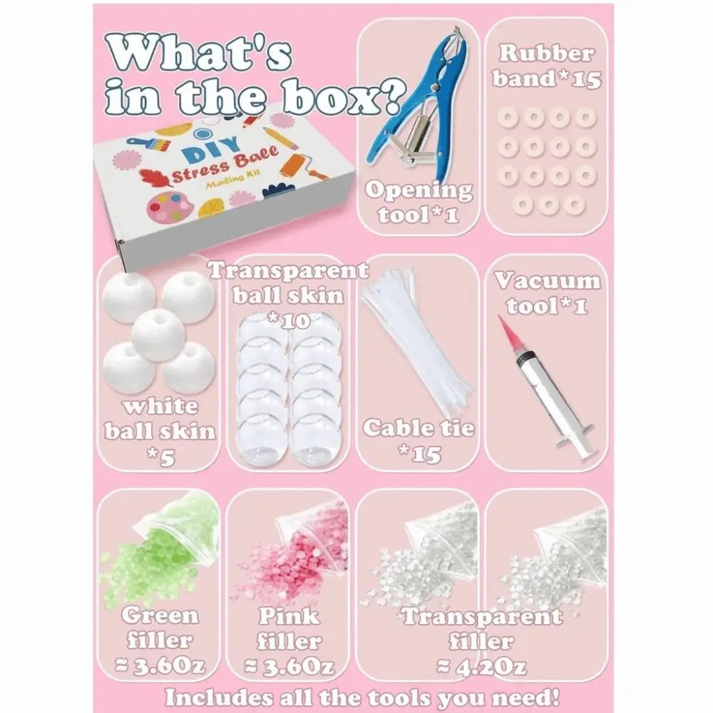 Karton mit DIY Stressball-Set, Werkzeugen und Füllmaterialien wie Silikonbällen, Gummibändern und bunten Füllstoffen
