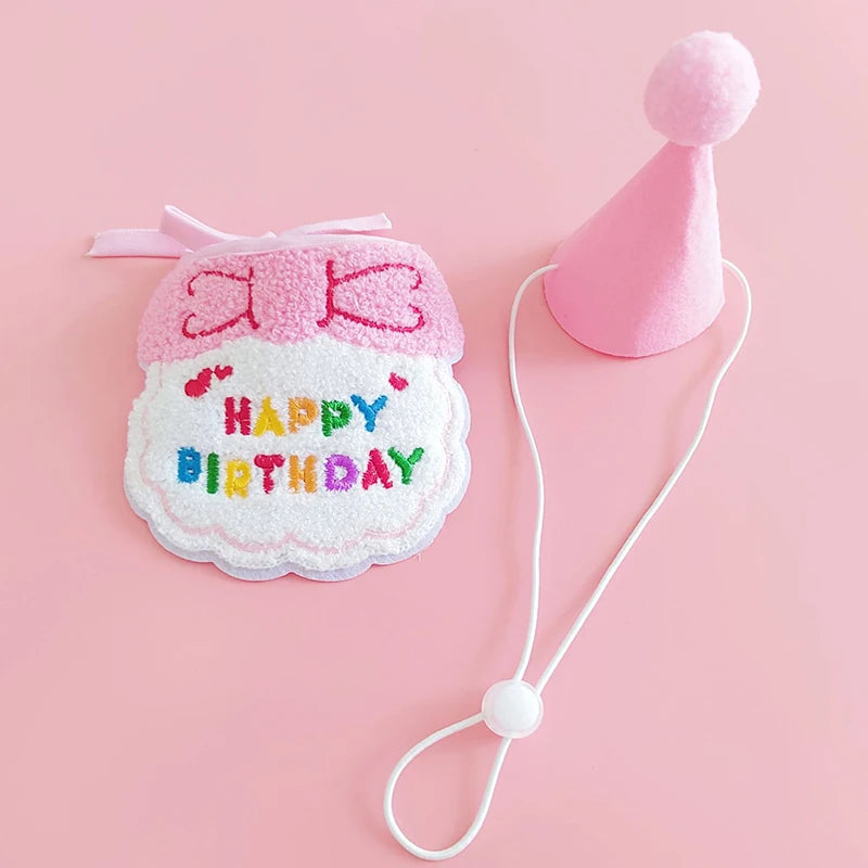Pink pet birthday party hat and bib set for cats and small dogs