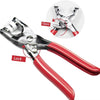 A pair of red and silver pliers used for opening and locking fasteners, shown with an exploded view.