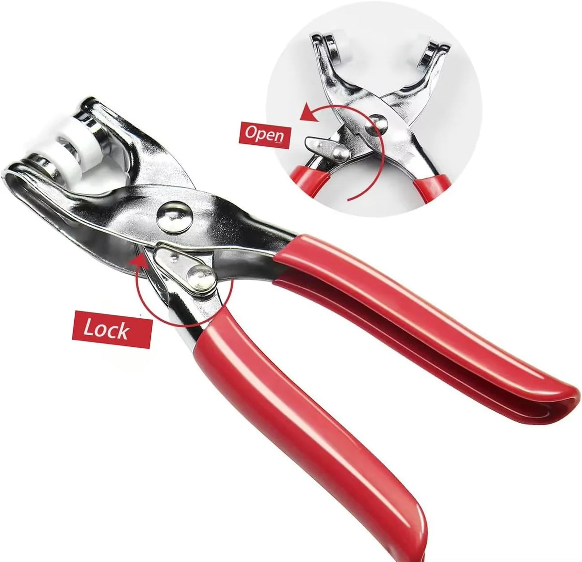 A pair of red and silver pliers used for opening and locking fasteners, shown with an exploded view.