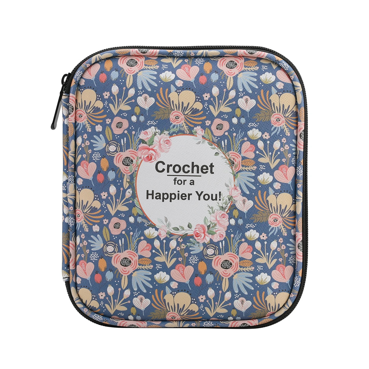 A light green crochet hook organizer bag featuring a floral pattern and a text encouraging happiness.