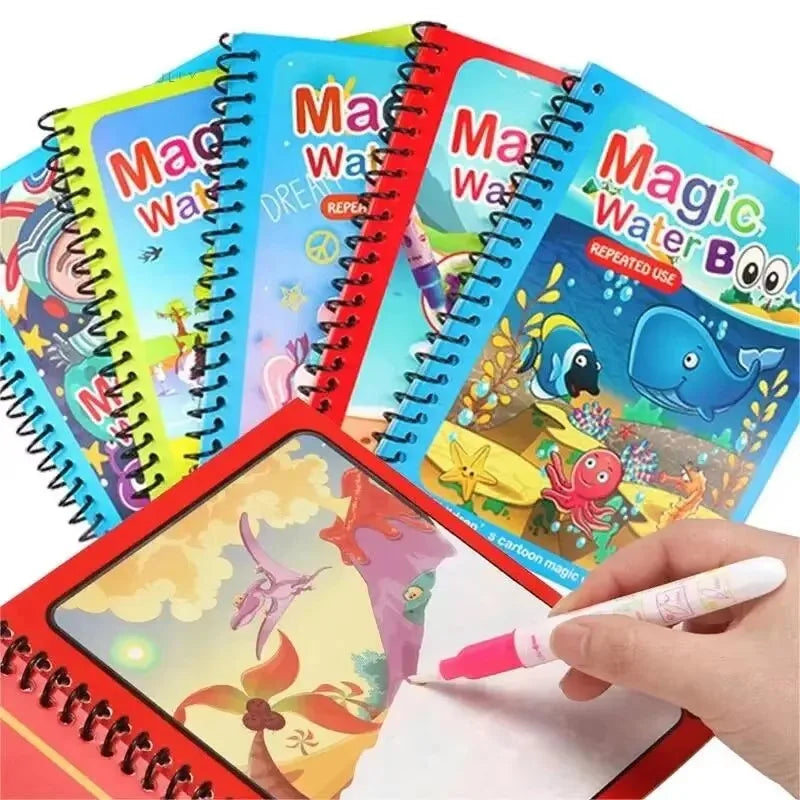 A set of colorful reusable magic water drawing books for kids with a red spiral binding and a hand writing on a page.