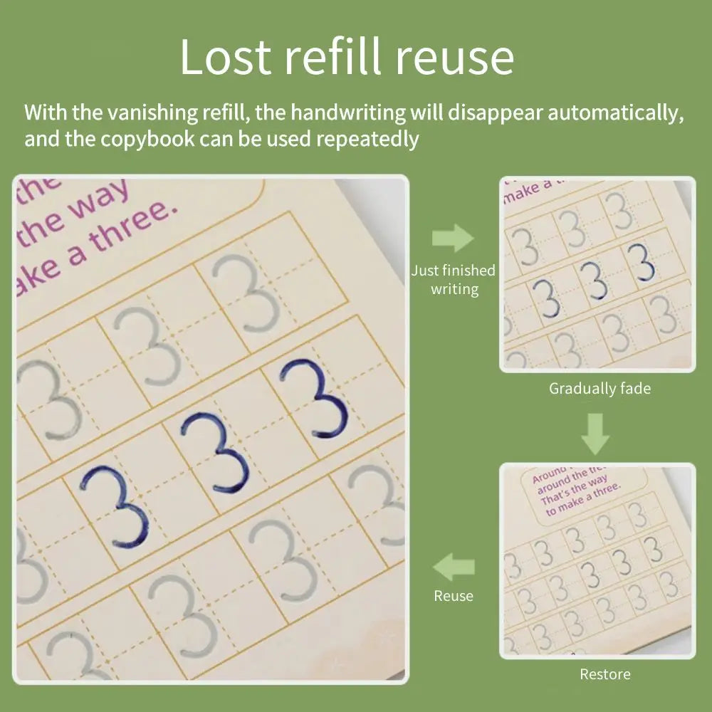 A handwriting practice book showing how a refill can be used repeatedly through the vanishing writing process.