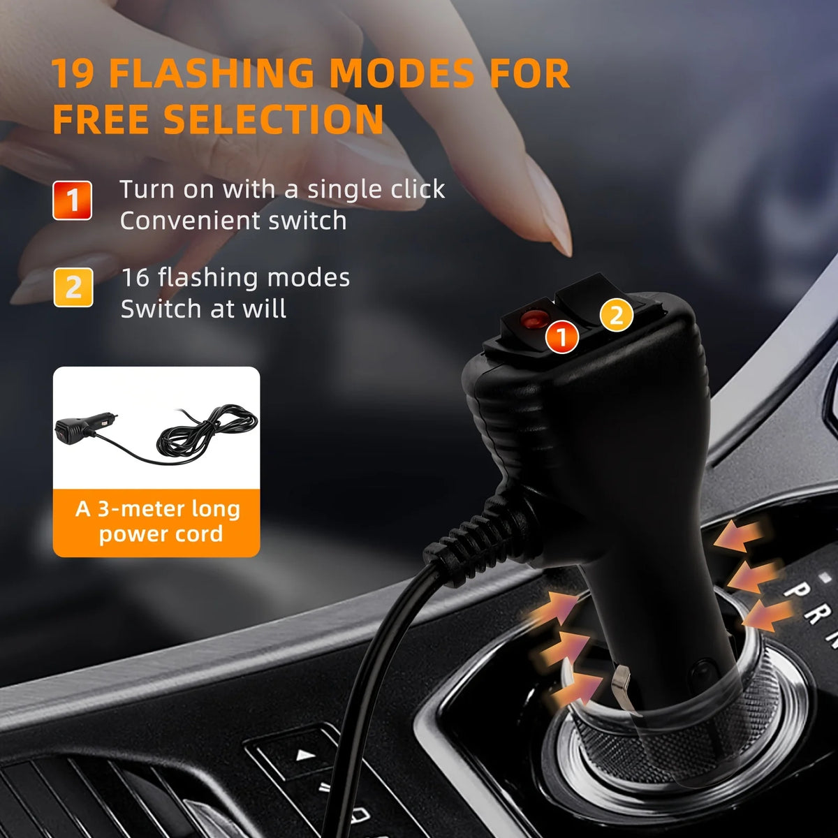 A hand is shown operating a magnetic mount LED emergency strobe light with a power cord, highlighting 19 flashing modes.