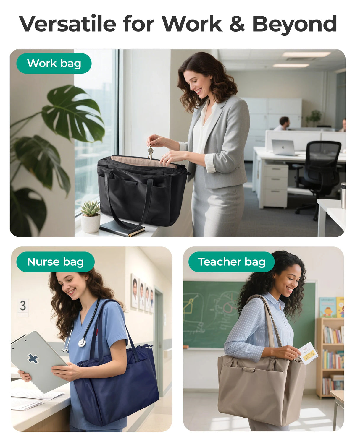 Three bags shown: a work bag, a nurse bag, and a teacher bag, demonstrating versatility for different professions.