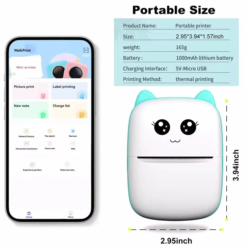 A white portable thermal printer device shown next to a smartphone displaying its interface and specifications.