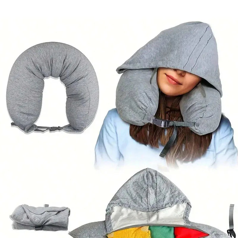 A gray fillable hooded travel pillow being worn by a woman, shown with its storage bag and fabric.