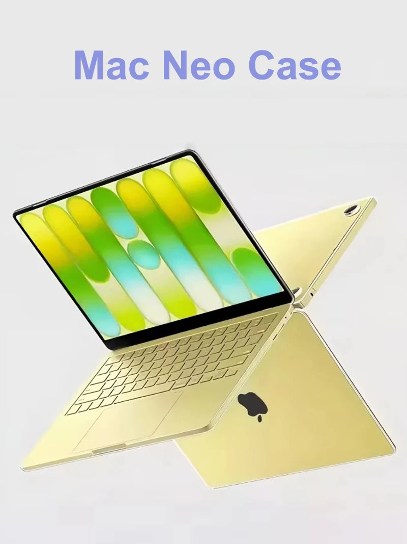 A yellow Mac Neo laptop is shown with a translucent green and yellow silicone case.