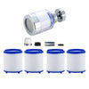 A chrome kitchen faucet water filter assembly with a rotating head and various filter components.