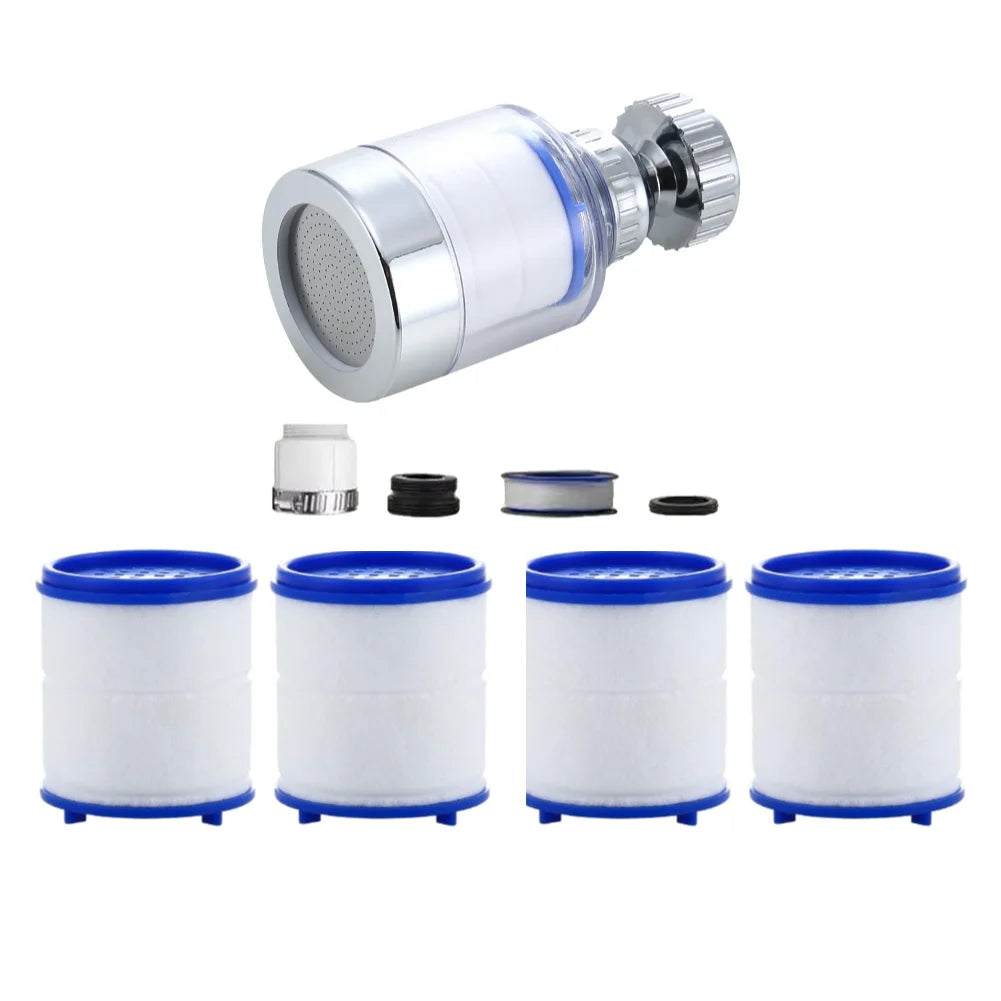 A chrome kitchen faucet water filter assembly with a rotating head and various filter components.