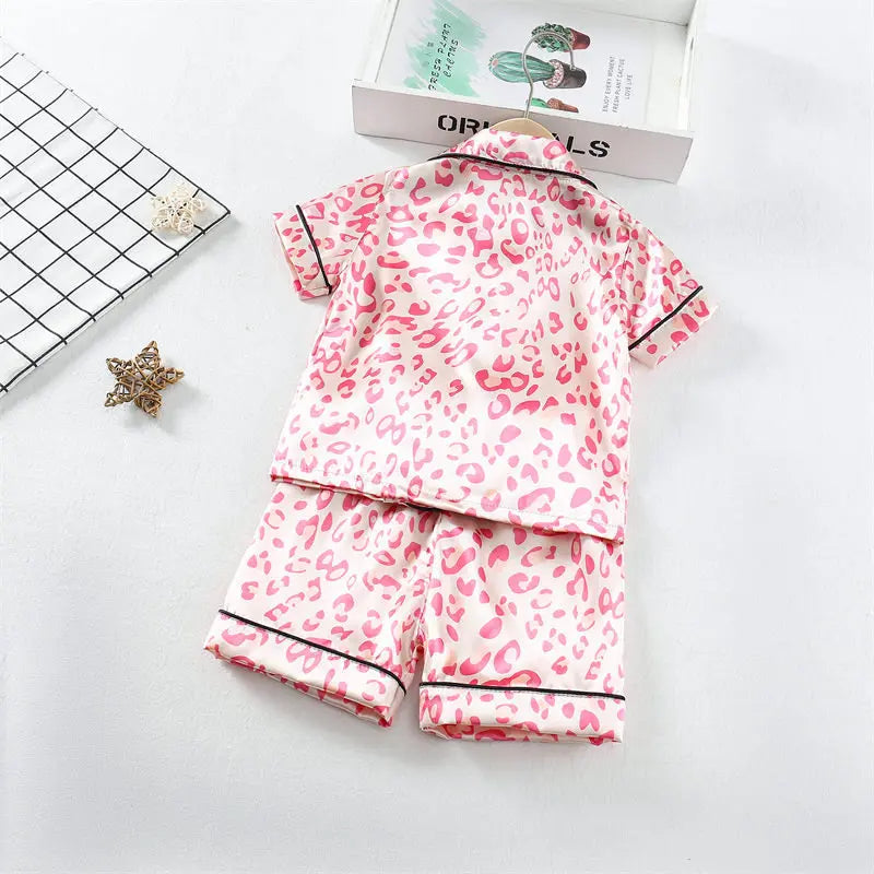Kids' Cartoon Leopard Print Pajama Set with Short Sleeves