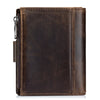 A dark brown genuine leather wallet with a stitched edge and a zipper closure.