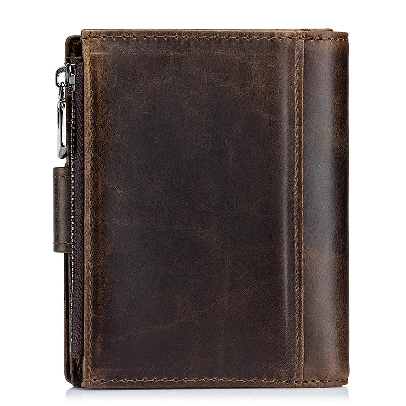 A dark brown genuine leather wallet with a stitched edge and a zipper closure.