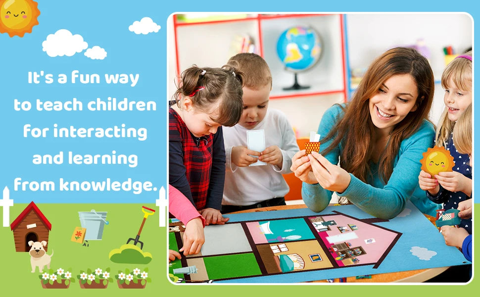 A woman teaches children how to interact and learn from knowledge using a Farm Animals Felt Story Busy Board learning set.