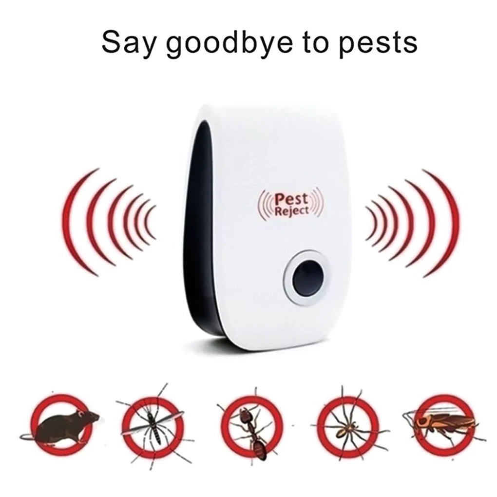 A white ultrasonic pest repeller device is shown with various pests it is designed to repel.