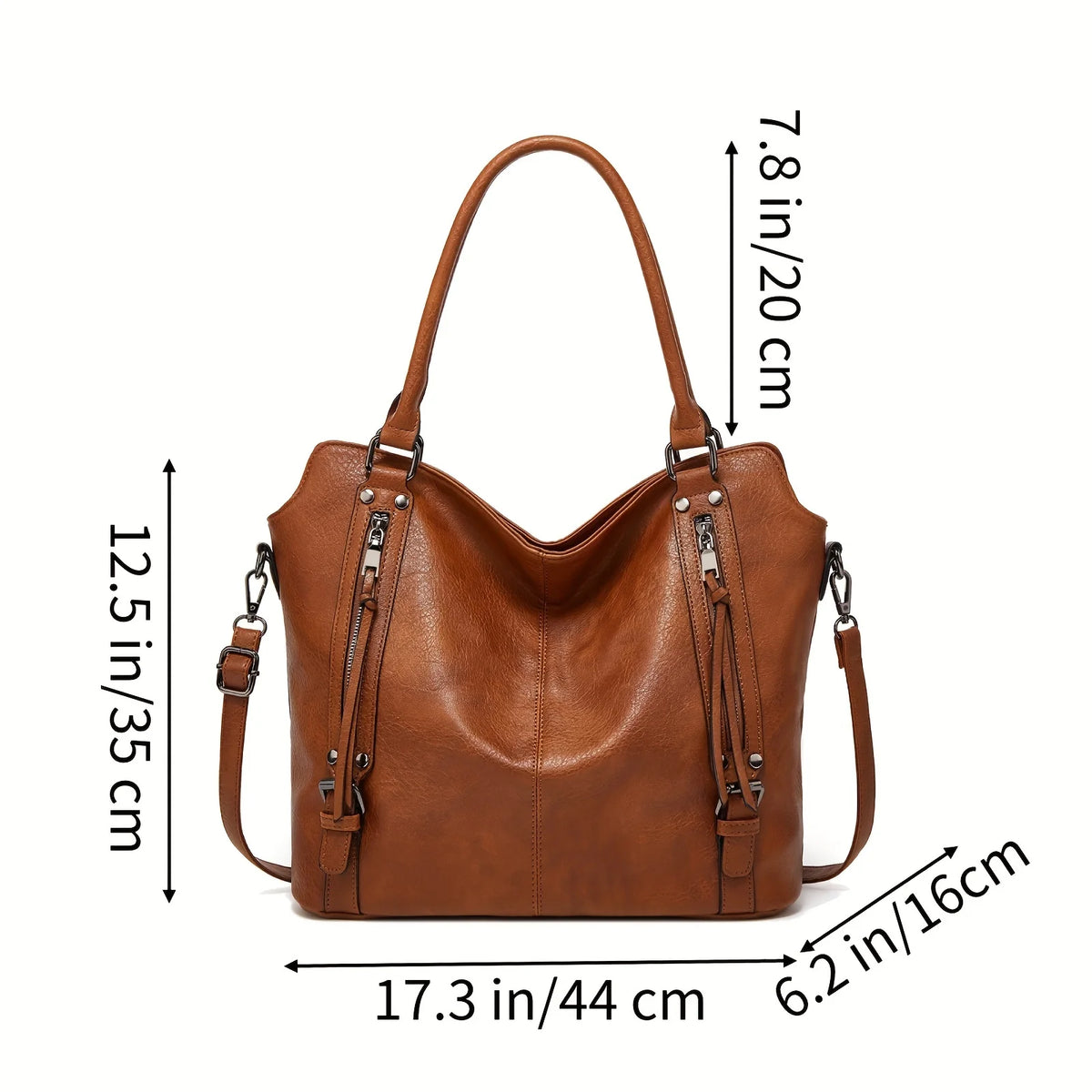 A brown PU leather tote bag with a detachable crossbody strap shown in a side view.