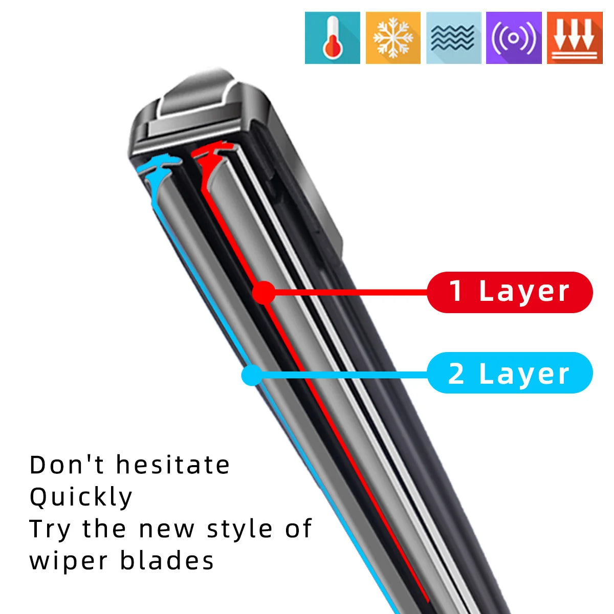 Close-up view of a black windshield wiper blade with layered design features.