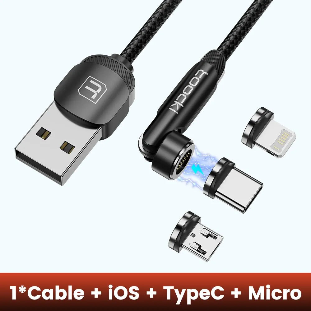 كابل شحن مغناطيسي أسود بمنفذ Type-C وموصل Micro USB بأشكال مختلفة.