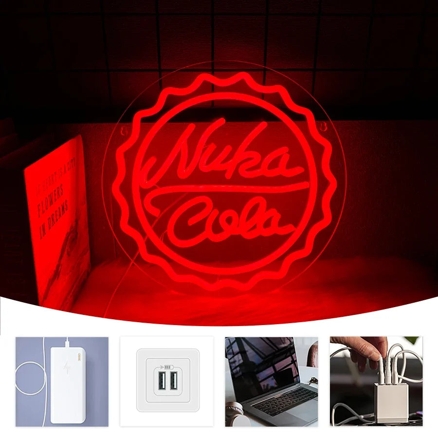 An LED neon sign shaped like a Coca-Cola bottle with the word Nuka glowing red against a dark background.