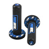 A black motorcycle handlebar grip with blue accents and a textured rubber surface.