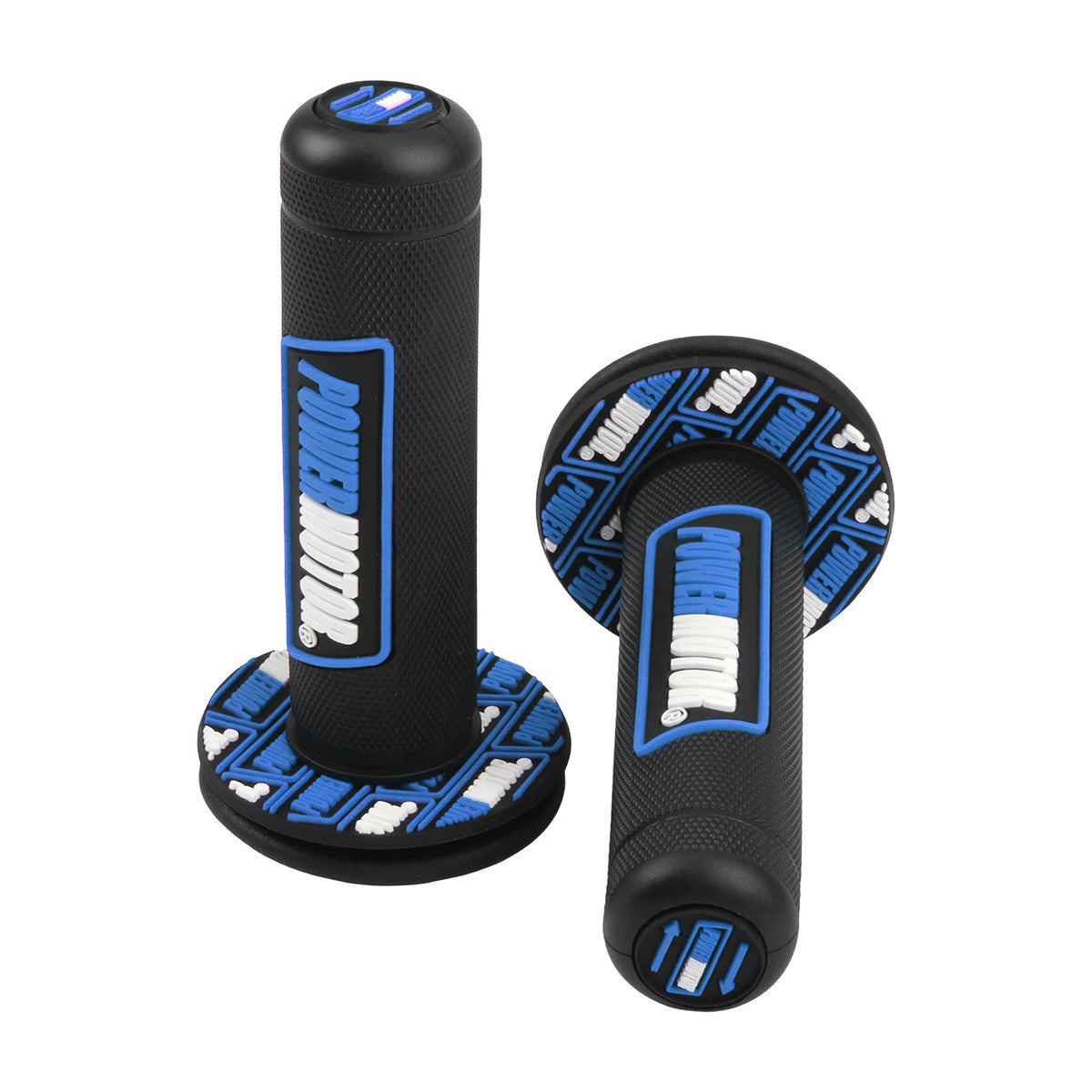 A black motorcycle handlebar grip with blue accents and a textured rubber surface.