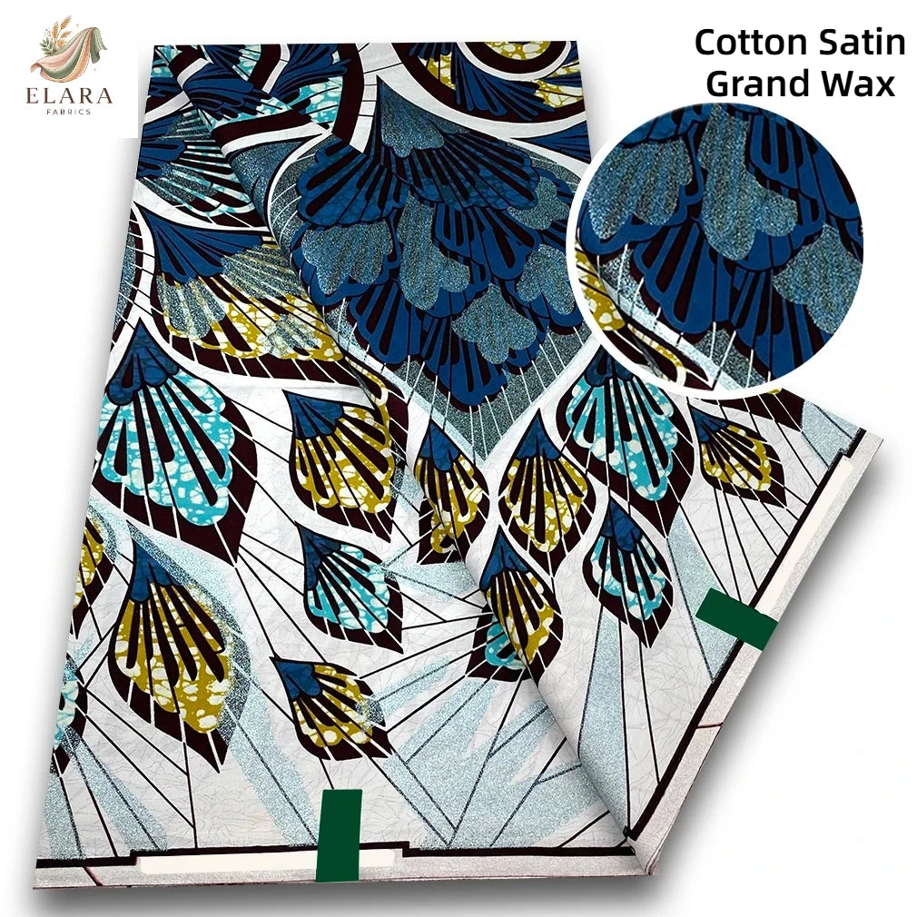 Cotton Satin Grand Wax fabric featuring blue and gold floral patterns